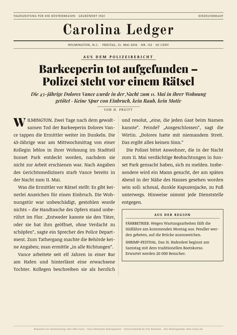 Fiktionale Zeitungsseite: Carolina Ledger · 13. Mai 2016, „Barkeeperin tot aufgefunden — Polizei steht vor einem Rätsel“