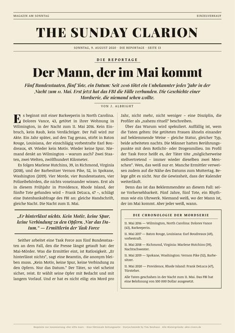 Fiktionale Zeitungsseite: The Sunday Clarion · 9. August 2020, „Der Mann, der im Mai kommt“