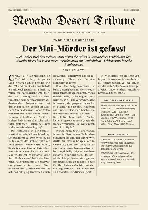 Fiktionale Zeitungsseite: Nevada Desert Tribune · 27. Mai 2021, „Der Mai-Mörder ist gefasst“