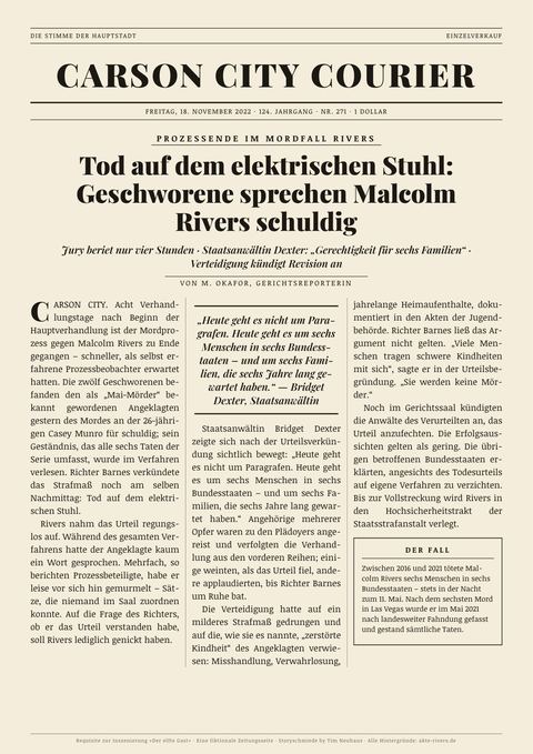 Fiktionale Zeitungsseite: Carson City Courier · 18. November 2022, „Tod auf dem elektrischen Stuhl“