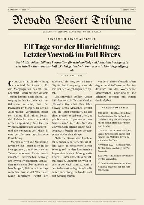 Fiktionale Zeitungsseite: Nevada Desert Tribune · 9. Juni 2026, „Elf Tage vor der Hinrichtung“