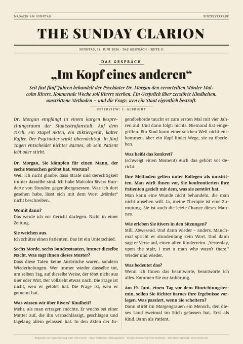 Fiktionale Zeitungsseite: The Sunday Clarion · 14. Juni 2026, „Im Kopf eines anderen“