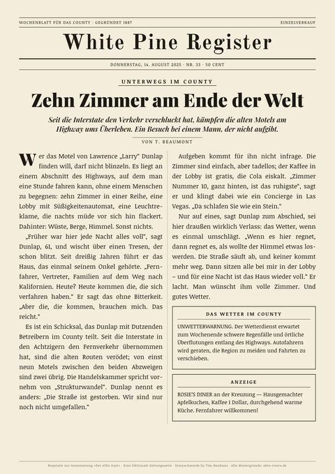 Fiktionale Zeitungsseite: White Pine Register · 14. August 2025, „Zehn Zimmer am Ende der Welt“
