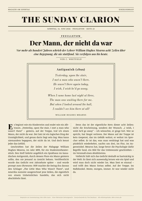 Fiktionale Zeitungsseite: The Sunday Clarion · 14. Juni 2026, „Der Mann, der nicht da war“
